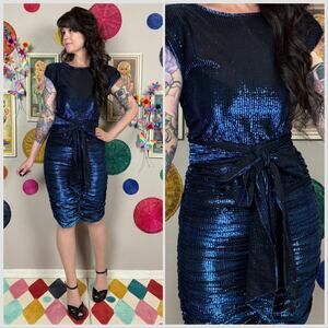 Vintage 1980s Metallic Blue Lurex Ruched Mini Disco Dress